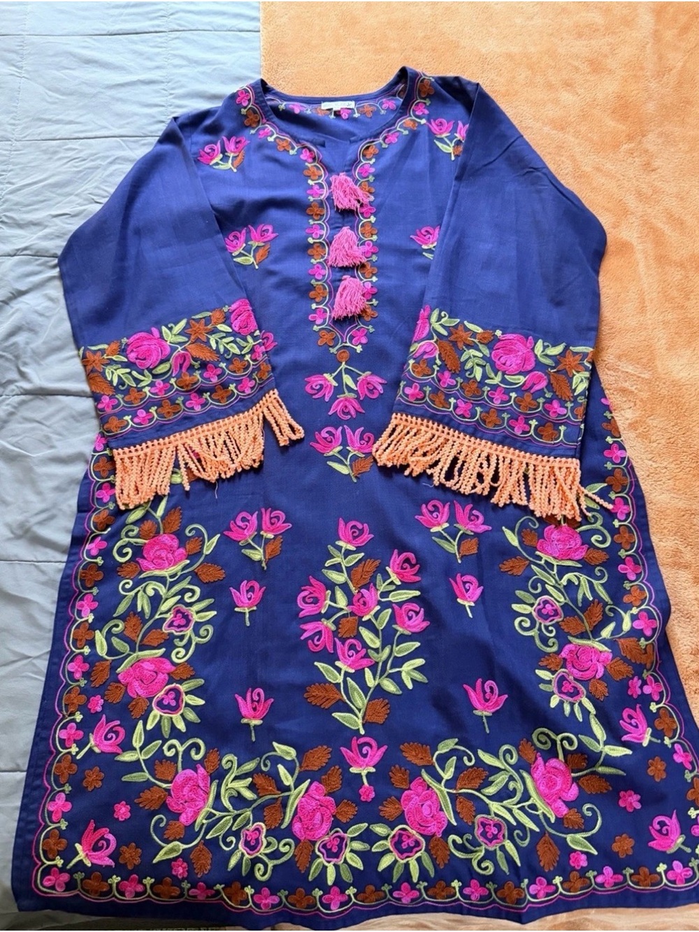 Embroidered Navy Dress with Pink Floral Accents